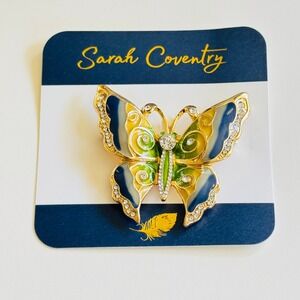 Sarah Coventry Butterfly brooch pin Blue enamel crystal rhinestone Signed gold